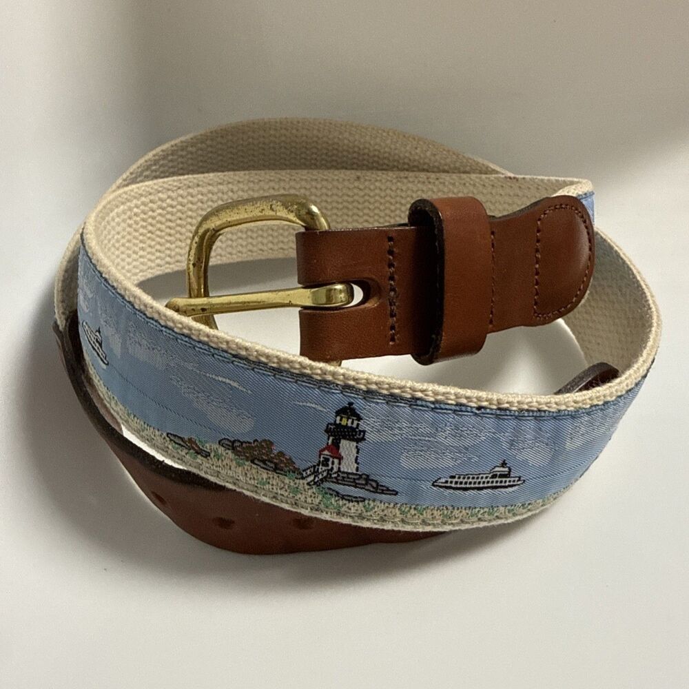 Leather Man LTD Belt Essex CT USA Canvas Lighthouse Coastal Fishing Men’s 36